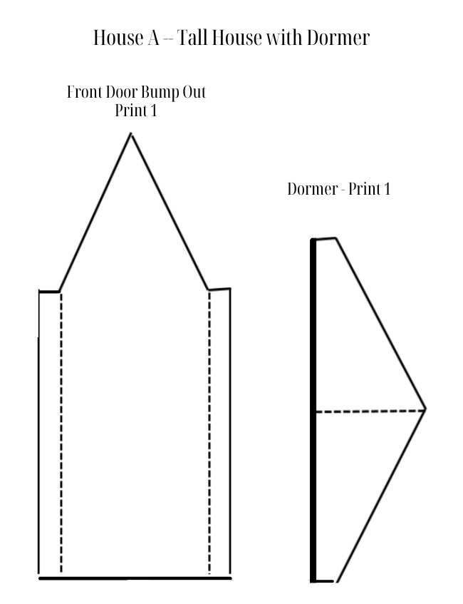 Diagram showcasing two geometric shapes. The left resembles a tall house with a pointed roof, labeled "Front Door Bump Out Print 1," perfect for DIY Christmas village houses. The right displays a side view of a dormer, labeled "Dormer - Print 1.