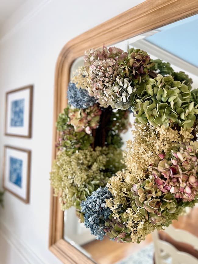 Dried hydrangea wreath for dining room winter decor