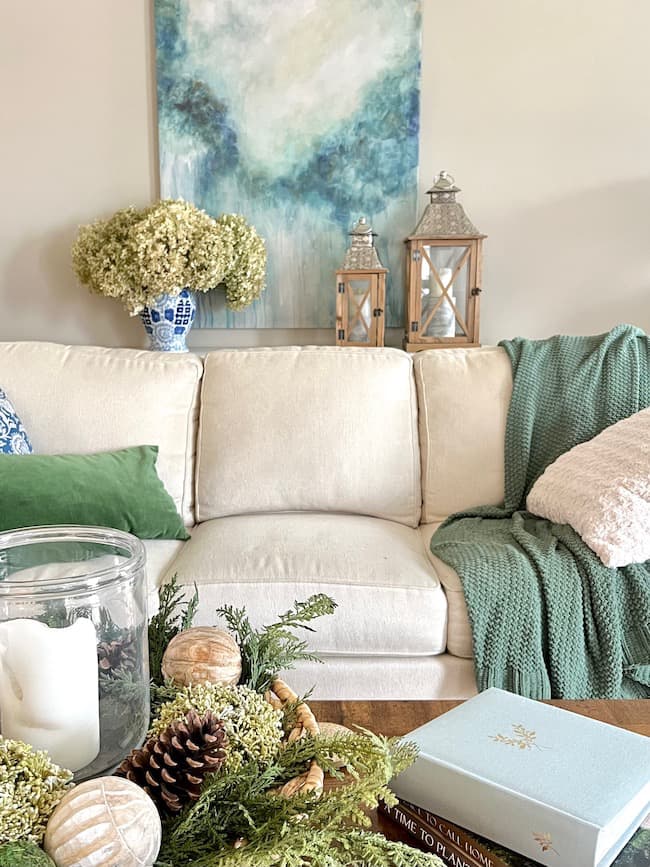 Blue and green winter color palette in living room