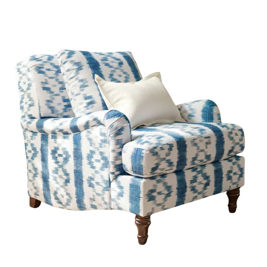 Blue and white ikat print arm chair from Pottery Barn