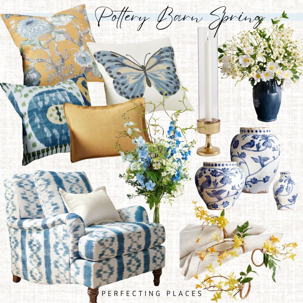 Decorate for spring bye adding pops of yellow and blue decor from Pottery Barn -- printed throw pillows, blue and white upholstery, and fresh spring florals add the perfect touch.