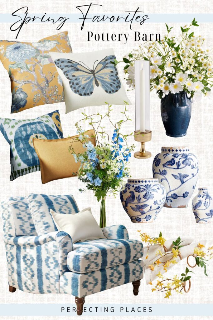 Decorate for spring bye adding pops of yellow and blue decor from Pottery Barn -- printed throw pillows, blue and white upholstery, and fresh spring florals add the perfect touch.