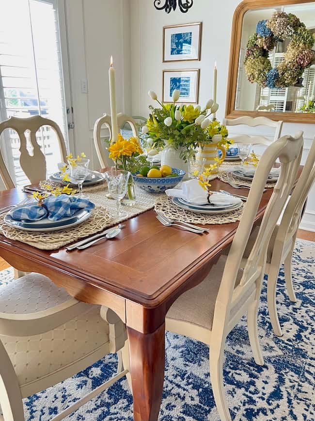 Yellow and Blues Spring tablescape and Simple Table Setting Ideas