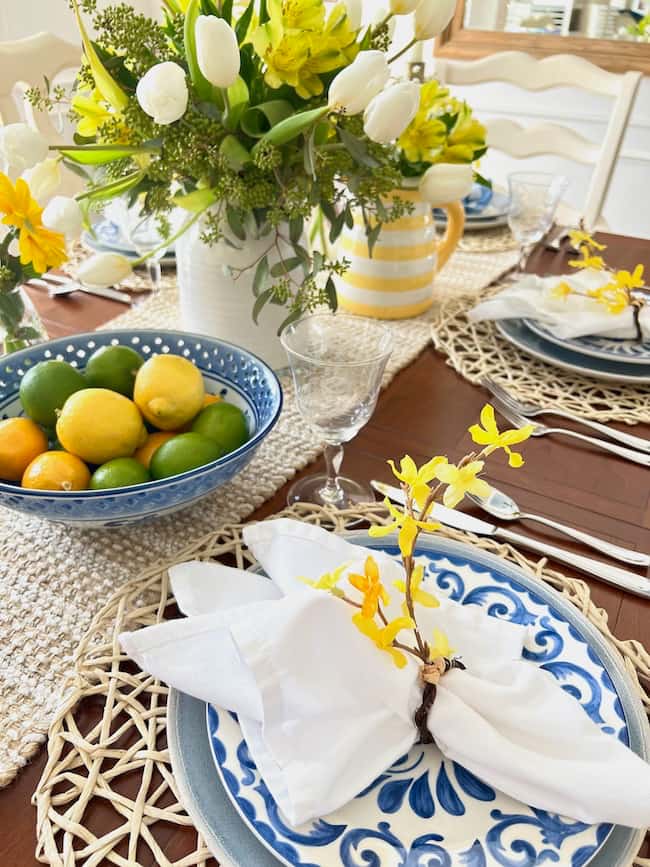 Simple Table Setting Ideas for Spring featuring Pottery Barn-Inspired DIY Forsythia Napkin rings