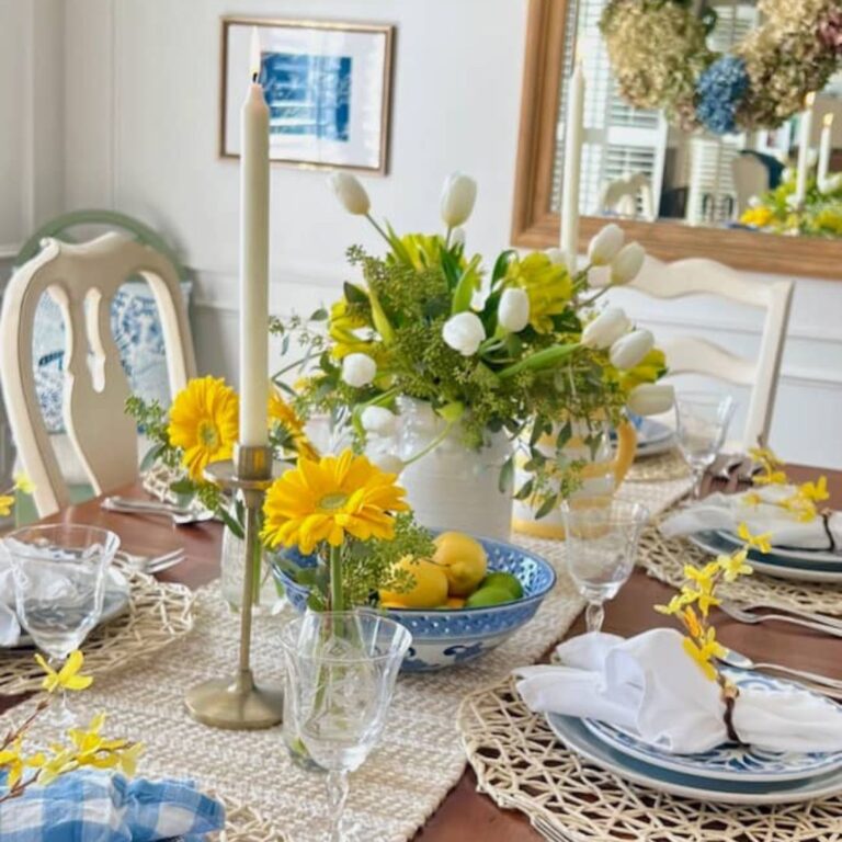 Simple Table Setting Ideas with DIY Napkin Rings for Spring inspired by Pottery Barn Forsythia napkin rings