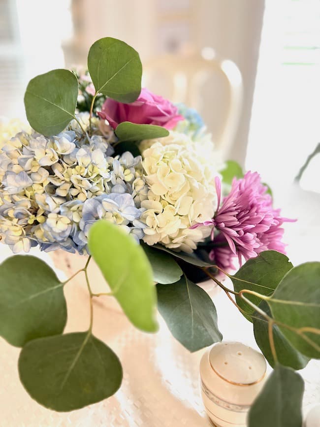 Seven on Saturday - blue and lavender flower arrangement with hydrangeas