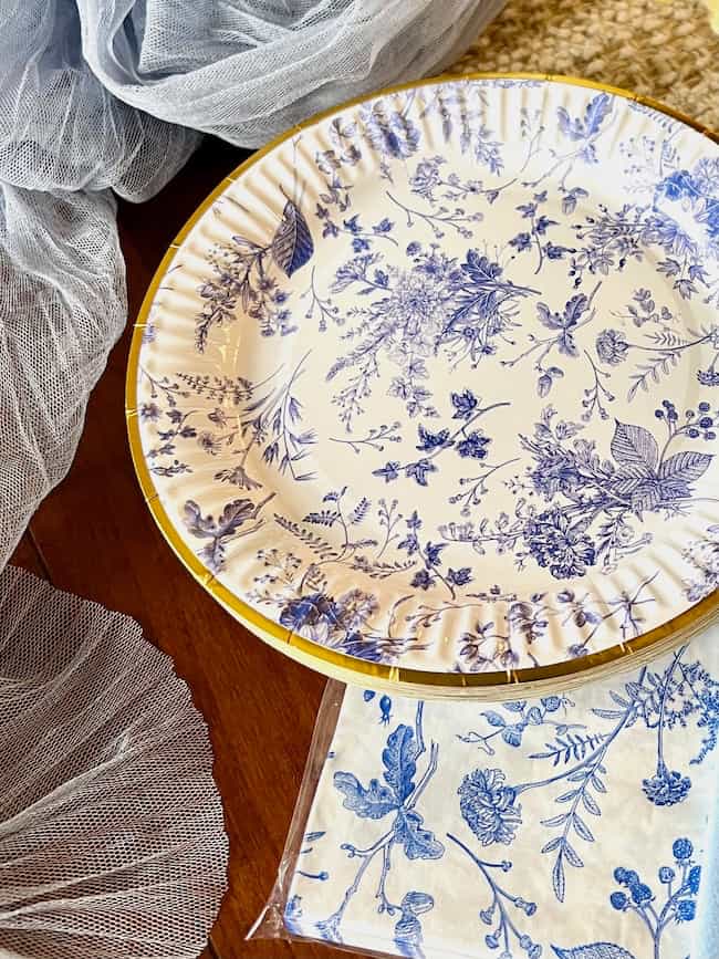 Blue and white with gold trim Chinoiserie style paper plates and napkins for bridal shower brunch