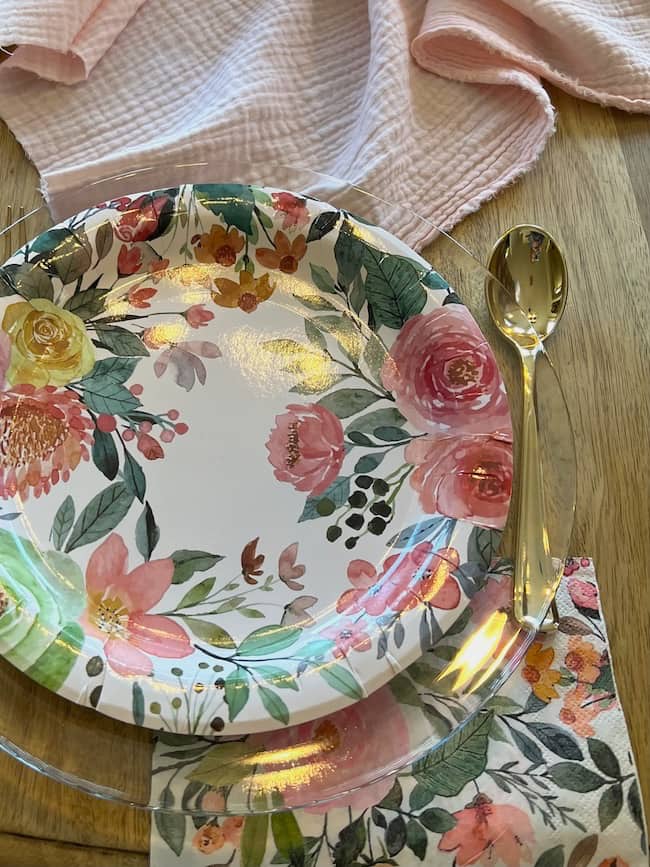 Floral printed paper plates and napkins for bridal shower breakfast