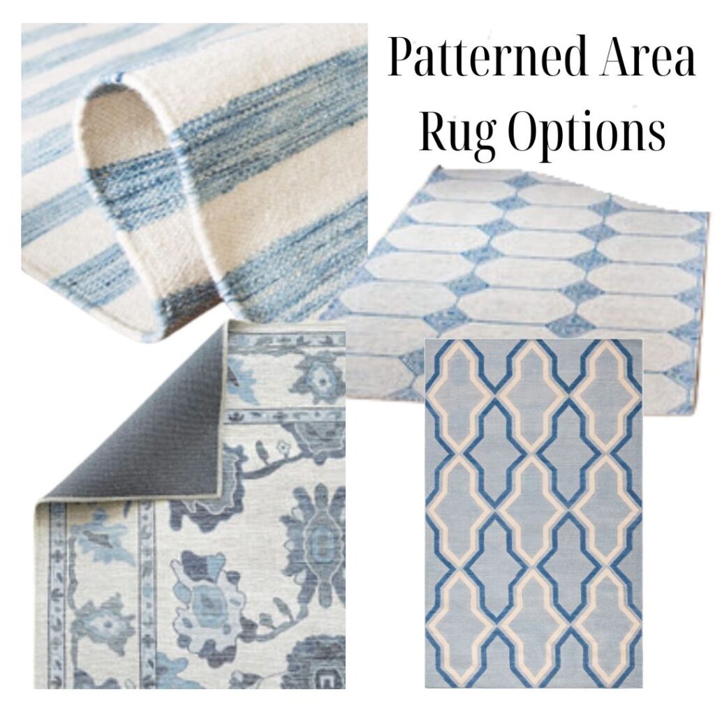 What size rug for living room-- blue and white patterned rugs.