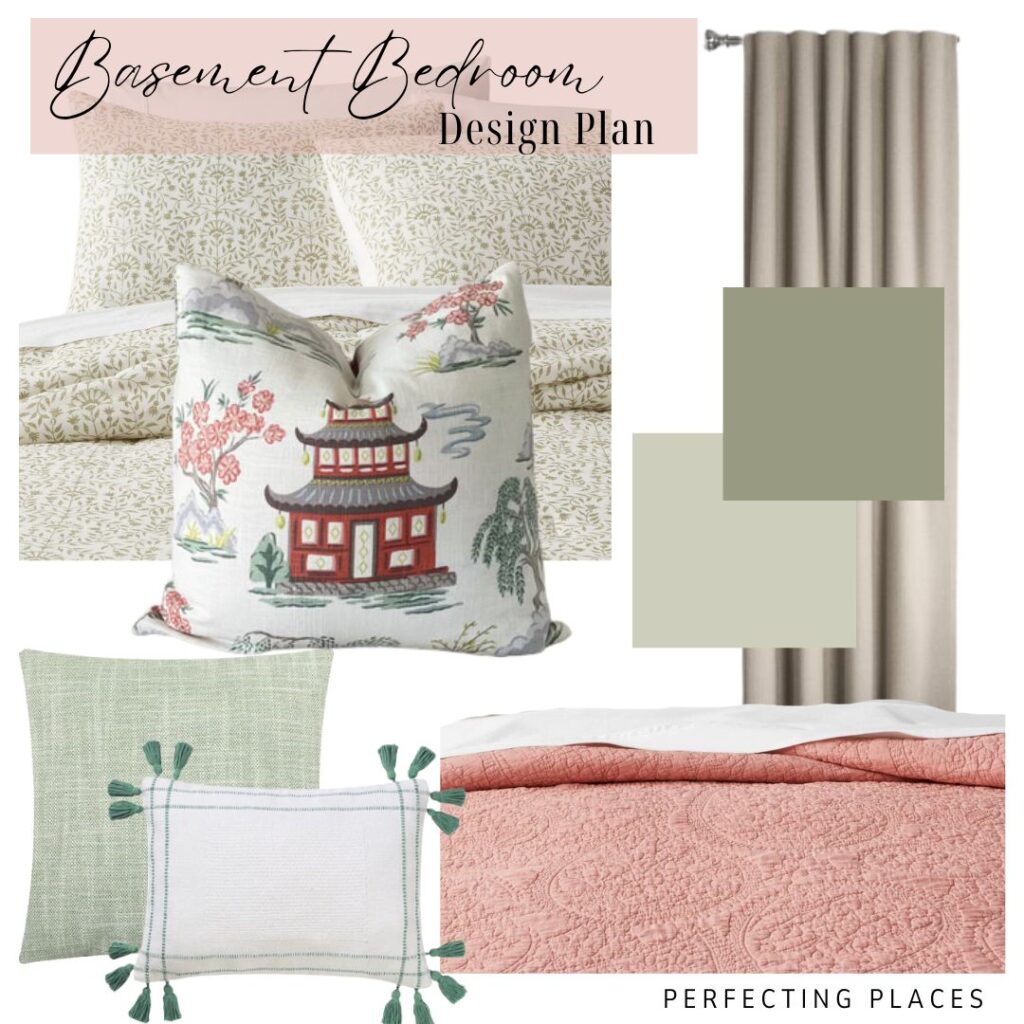 Basement Bedroom Color Scheme in Sage and Coral