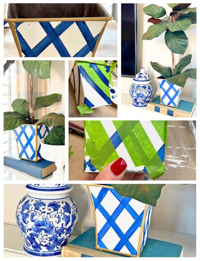 Collage of a DIY planter being hand painted with a blue and white geometric pattern using masking tape. Includes steps and completed look, styled with a green plant and blue and white decorative jar, showcasing the charm of hand-painted flower pots.