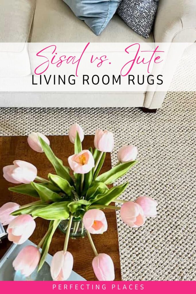 Sisal rug with cream sofa and pink tulips on coffee table in living room -- Jute vs. sisal rug PIN