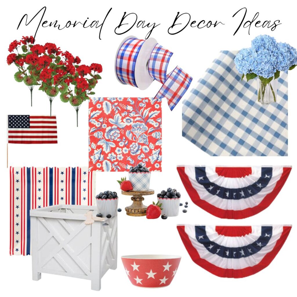 Collage of patriotic home decor: red flowers, checked ribbon, blue hydrangeas, an American flag, star-patterned tablecloths, festive bunting, a white box, star bowl, and berries on cakes. Text reads "Memorial Day Decor Ideas.