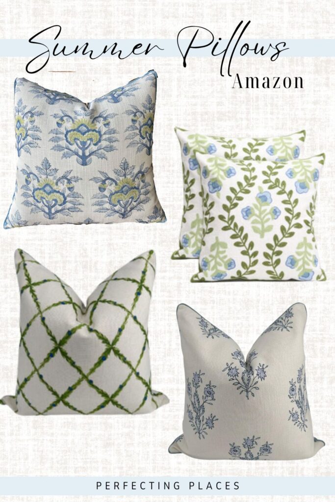 Summer pillows in blue and green patterns and prints