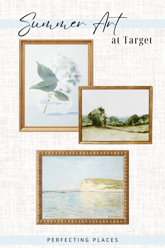 Summer artwork from Target- Hydrangea print, landscape, and coastal print in soft blues and greens