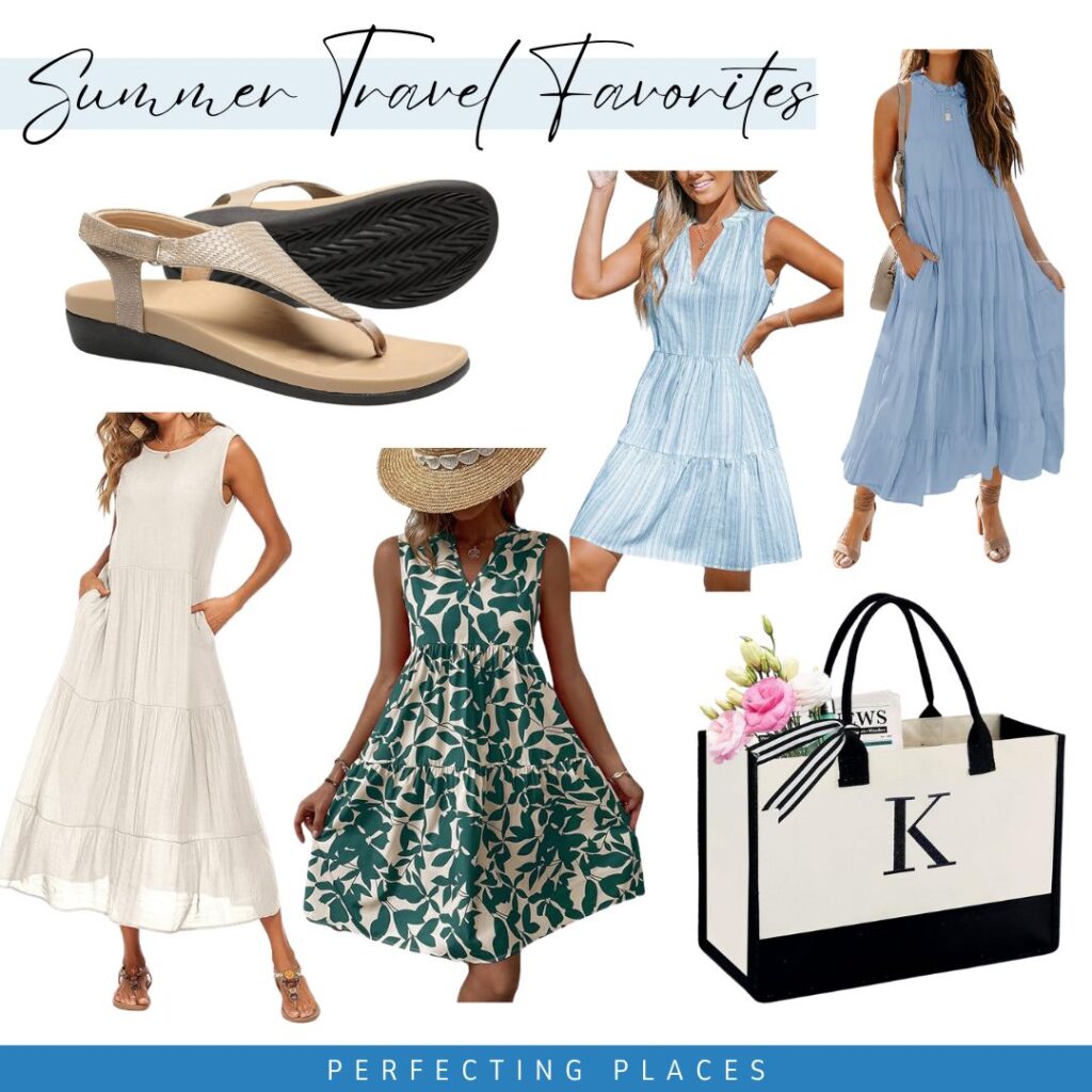 Summer vacation travel essentials with breezy summer dresses, walking sandals, and monogrammed tote bag