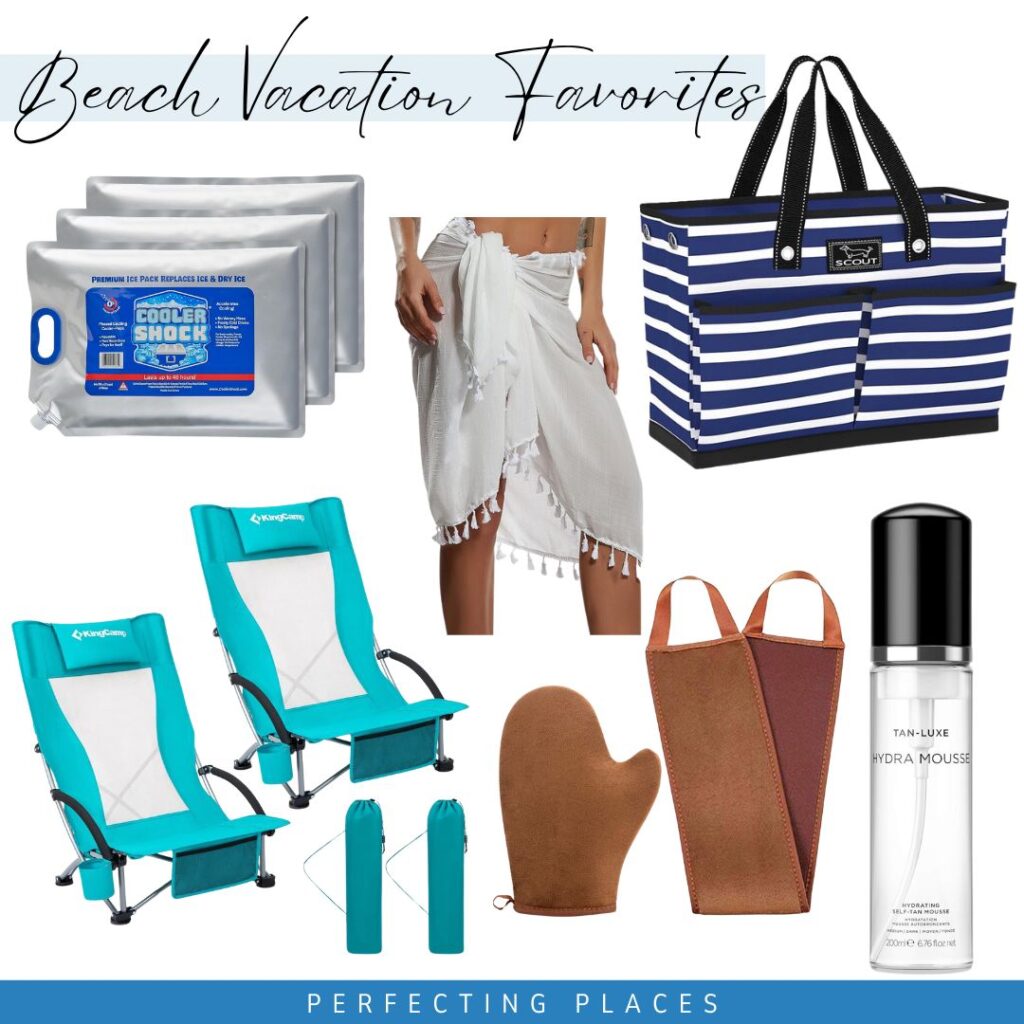 Beach Vacation Essentials Collage with ice packs, coverup sarong, beach bag, beach chairs, and self tanner