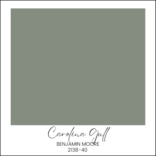 A color swatch displays a muted green shade named "Carolina Gull" by Benjamin Moore, identified with the code 2138-40. The sample is presented in a white-bordered square with the name and code written below in black text.