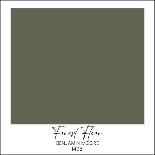 A paint swatch featuring the color "Forest Floor" by Benjamin Moore, labeled with the number 1498. The swatch displays a deep, muted green shade bordered by a white frame with the color name and number at the bottom.