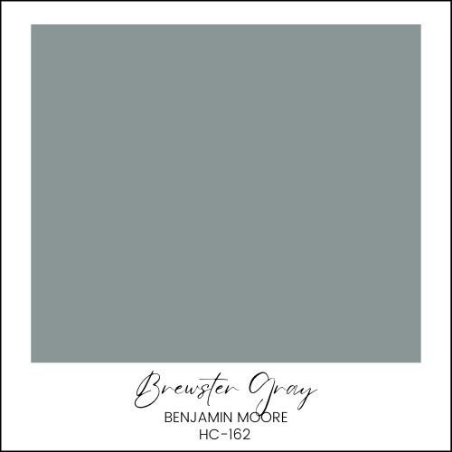 A color swatch labeled "Brewster Gray" by Benjamin Moore, HC-162. The swatch displays a muted grayish-blue shade. "Brewster Gray" text is handwritten in an elegant script, with "Benjamin Moore HC-162" printed below in a classic font.