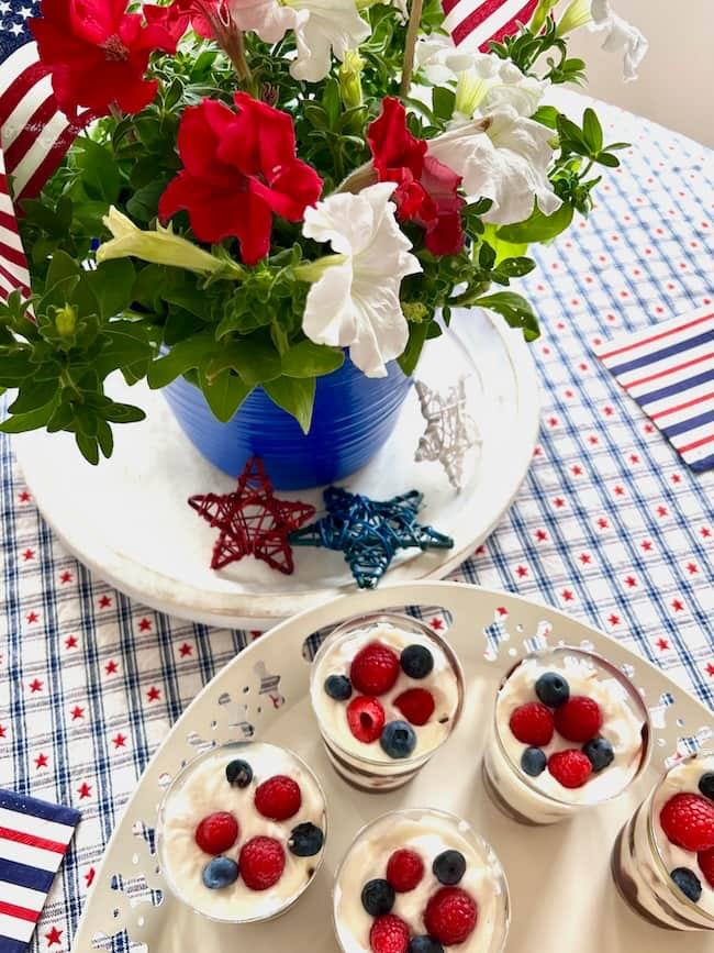 July 4th potted flowers and berry brownie trifle desserts