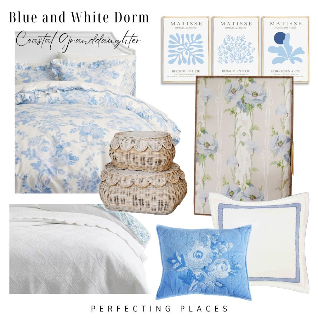 Blue and white dorm decor in a coastal style showcases popular dorm room color schemes. Includes floral bedding, wicker baskets, three floral art prints, a blue floral pillow, a white and blue pillow, and a textured white blanket.