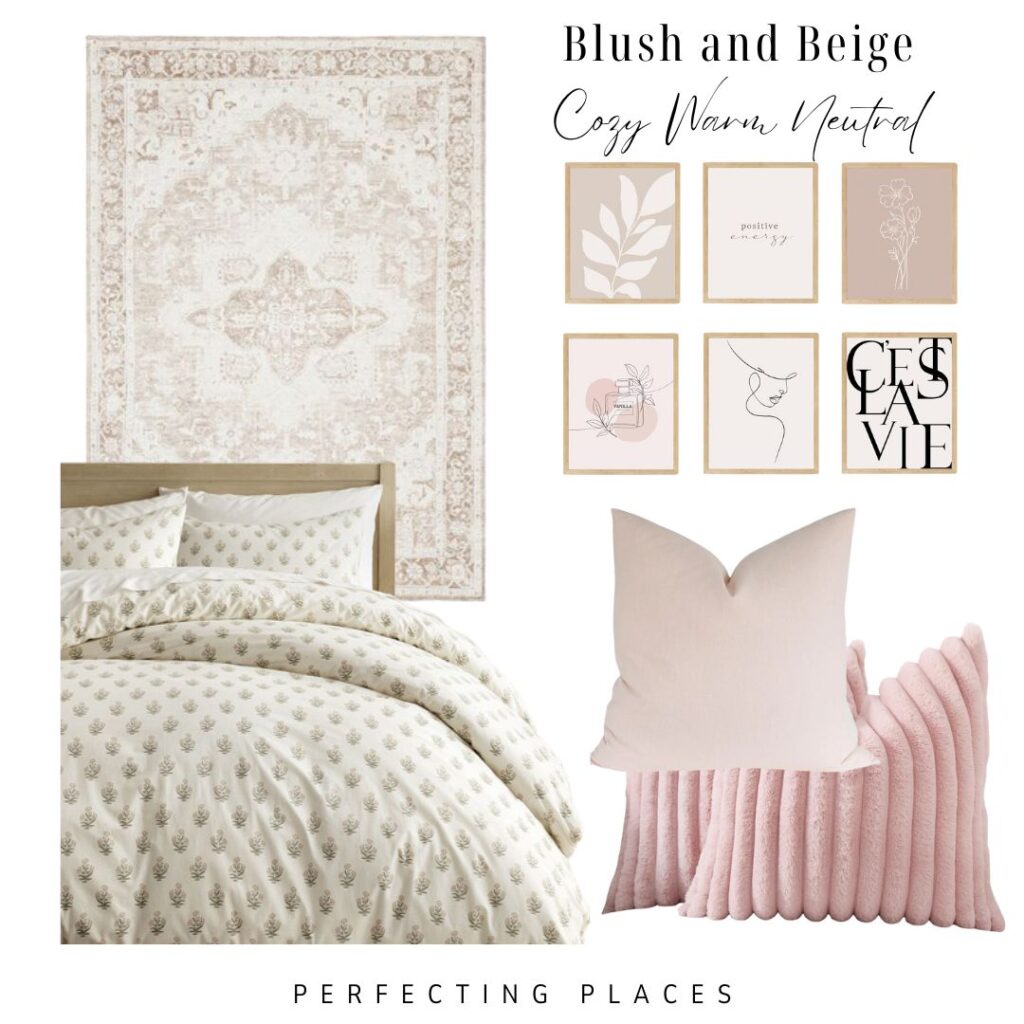 A blush and beige bedroom mood board featuring a patterned rug, cozy printed bedding, soft pink velvet pillows, and minimalist wall art with warm, neutral tones—perfect inspiration for stylish dorm room color schemes. Text reads: "Blush and Beige Cozy Warm Neutral.