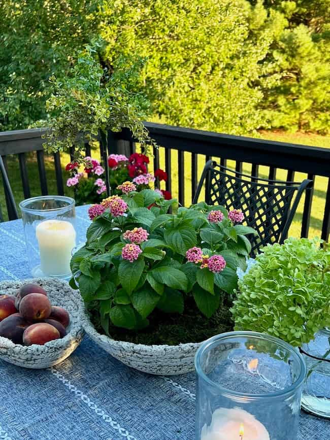 A cozy outdoor table adorned with vibrant pink flowers in a DIY cement planter bowl, a fresh bowl of peaches, green hydrangeas, and lit candles in glass holders. The table is covered with a blue and white patterned tablecloth, set against a backdrop of lush greenery.