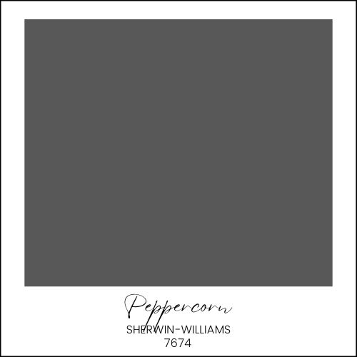 A sample color swatch showing the Sherwin-Williams "Peppercorn" paint color, code 7674. The swatch features a deep, charcoal gray square in the center, capturing the essence of moody paint colors, with the paint name and brand information written below it.