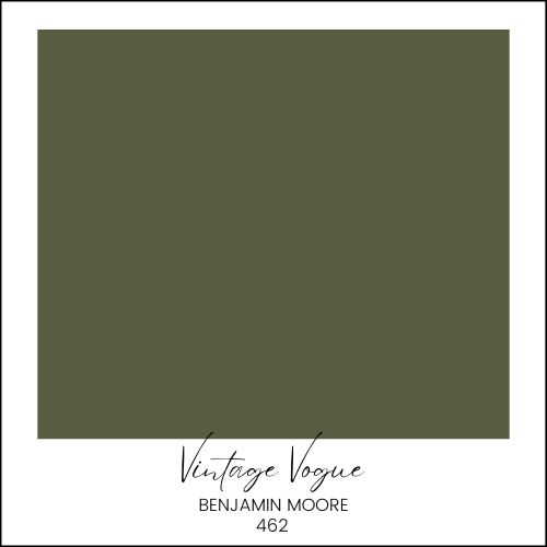 A color swatch displaying a shade of dark green labeled as "Vintage Vogue" by Benjamin Moore, identified with the number 462. The moody paint color sample has a white border with the name of the color and brand written in black text below.