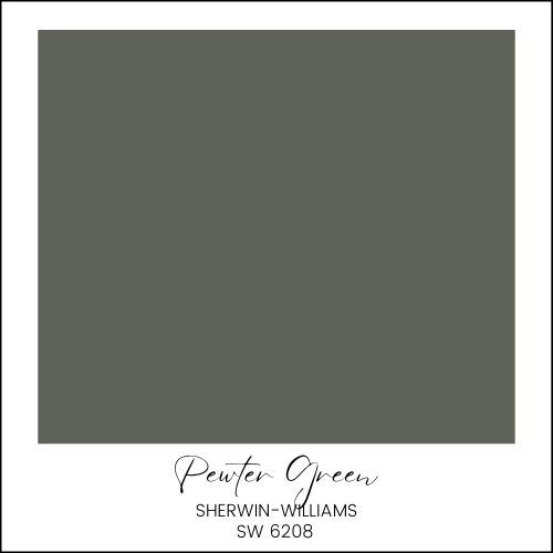 A paint swatch labeled "Pewter Green" by Sherwin-Williams, with the code SW 6208. The swatch displays a solid, dark green color square in the center, framed by a white border with the paint name in stylized text below.