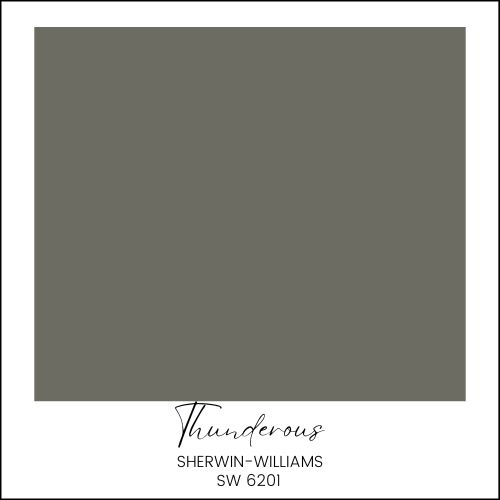 A sample paint swatch displaying a medium-dark gray color named "Thunderous" by Sherwin-Williams, with the code SW 6201. The text is placed below the swatch within a white border.