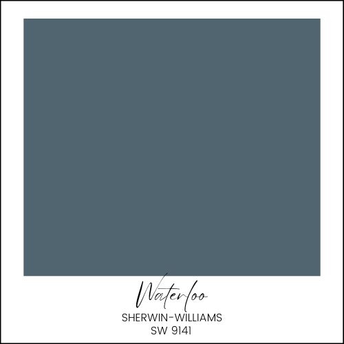 A sample color swatch of Sherwin-Williams paint in shade "Waterloo" (SW 9141) is displayed. The color is a deep, muted blue, presented within a white border featuring the handwritten text "Waterloo" and printed details "Sherwin-Williams SW 9141" at the bottom.