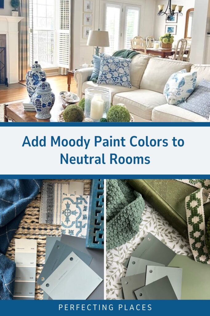 A cozy living room adorned with white and blue accents, featuring a white sofa and large windows. Below are paint swatches in various shades of blue and green, fabric samples, and text that reads, "Add Moody Paint Colors to Neutral Rooms." The bottom text reads, "Perfecting Places.