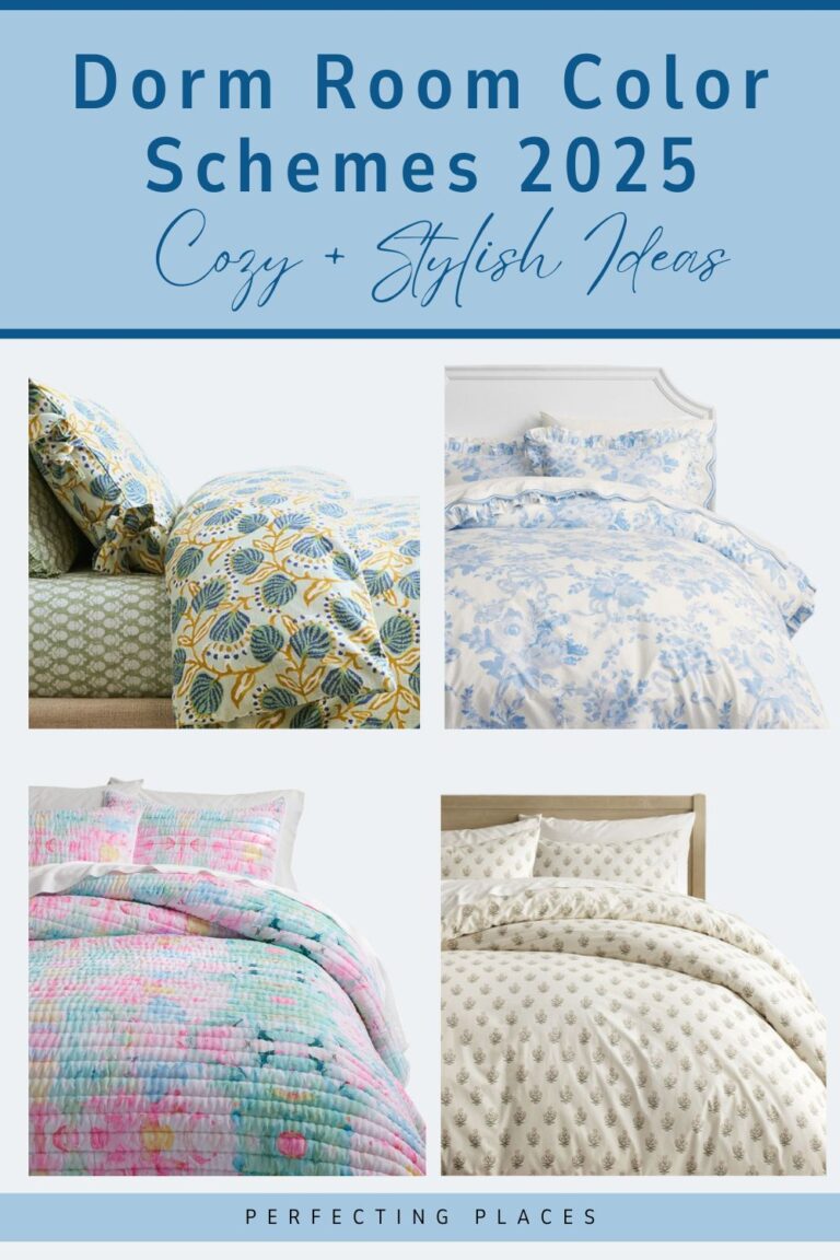 Four beds with different bedding styles—green floral, blue and white toile, pastel plaid, and neutral textured—are displayed under the title "Dorm Room Color Schemes 2025: Cozy + Stylish Ideas" to inspire fresh dorm room color schemes.