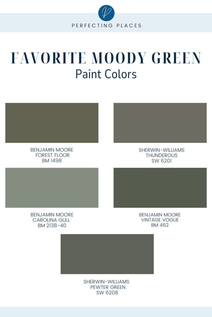 A chart titled "Favorite Moody Green Paint Colors" showcases five alluring swatches: Benjamin Moore Forest Floor (BM 1498), Benjamin Moore Carolina Gull (BM 2138-40), Sherwin-Williams Pewter Green (SW 6208), Sherwin-Williams Thunderous (SW 6201), and Benjamin Moore Vintage Vogue (BM 462).