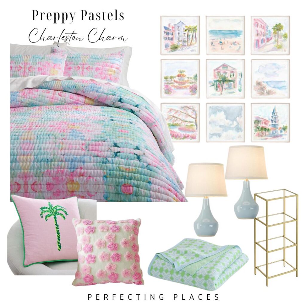 A pastel-themed bedroom mood board featuring dorm room color schemes with a pink and blue quilt, palm tree and pom-pom pillows, light blue lamps, a gold shelf, green throw, and pastel Charleston cityscape art. Preppy Pastels Charleston Charm.