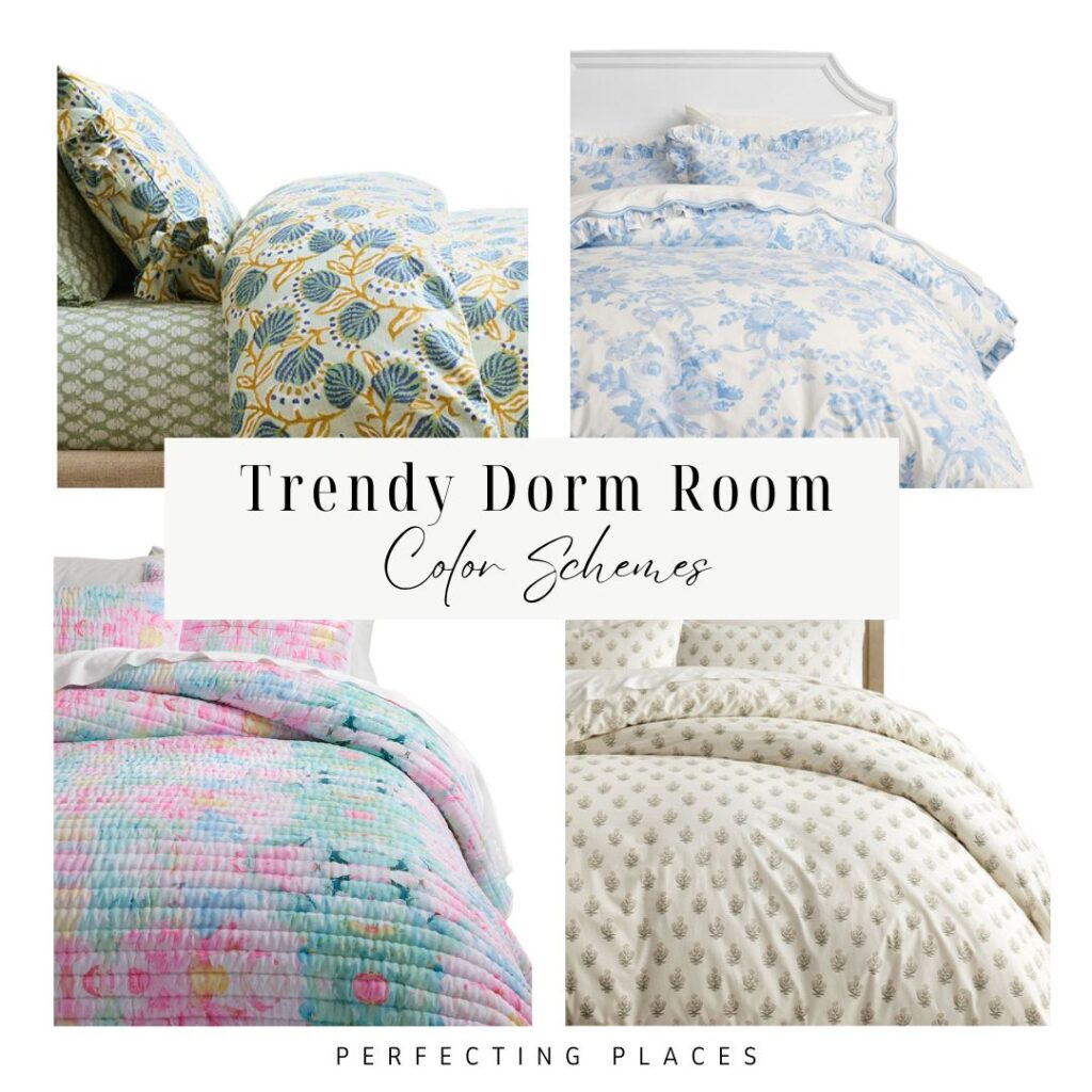 Collage of four different dorm bedding sets in trendy colors and patterns—leafy yellow and blue, blue floral, pastel tie-dye, and beige with small prints. Text reads "Trendy Dorm Room Color Schemes" to inspire your dorm room color schemes.