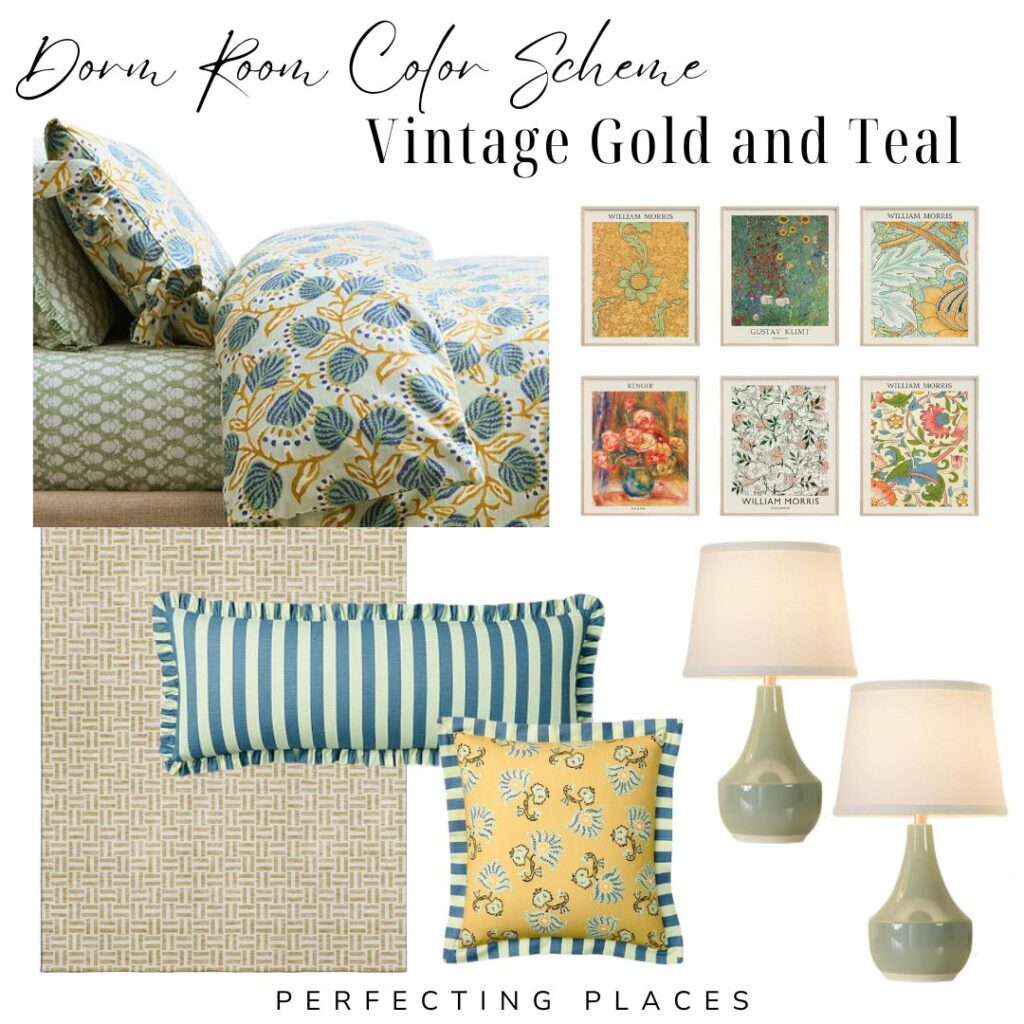 Mood board featuring a “Vintage Gold and Teal” dorm room color scheme with a floral comforter, patterned pillows, striped lumbar pillow, teal and gold wall art, geometric fabric, and two teal table lamps.