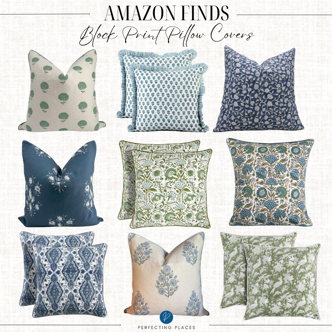 A collage of nine budget-friendly blue and green block print pillow covers with various patterns adds charm to any space. The text at the top reads "Amazon Finds Block Print Pillow Covers." The Perfecting Places logo is at the bottom.