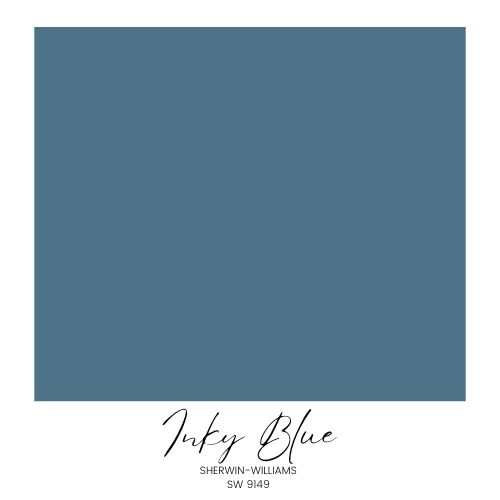 A color swatch labeled "Inky Blue" by Sherwin-Williams, with the code SW 9149. The swatch displays a solid, medium-dark blue color. Perfect for moody fall decor, the name "Inky Blue" and company details are written below the swatch in black, with a white border surrounding the color.