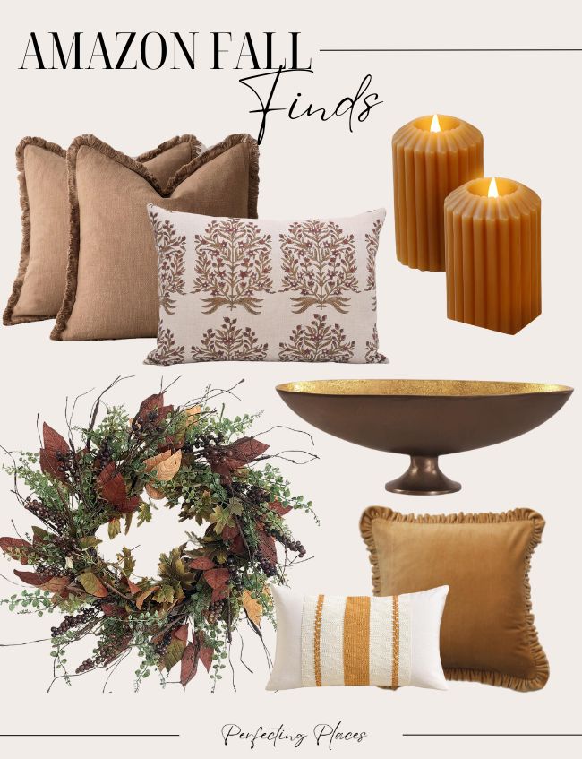 A collage of various fall-themed home decor items available on Amazon. Includes pillows with autumn patterns and colors, two ribbed orange candles, a decorative wreath with autumn leaves, a gold-rimmed bowl, and a mustard-colored throw pillow with fringe. Perfect for sprucing up your space by 8/31/24!