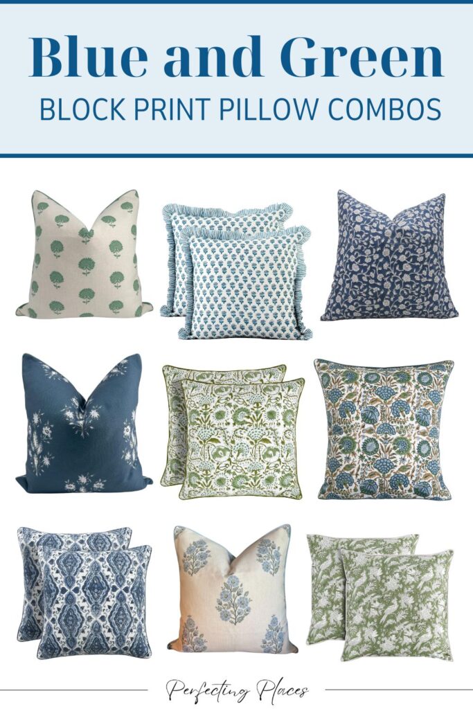 An arrangement of nine decorative pillows in various blue and green block print patterns. Featuring floral, paisley, and geometric designs, these pillows enhance the visual appeal of any space. Text reads "Blue and Green Block Print Pillow Combos" available on Amazon for a budget-friendly price.