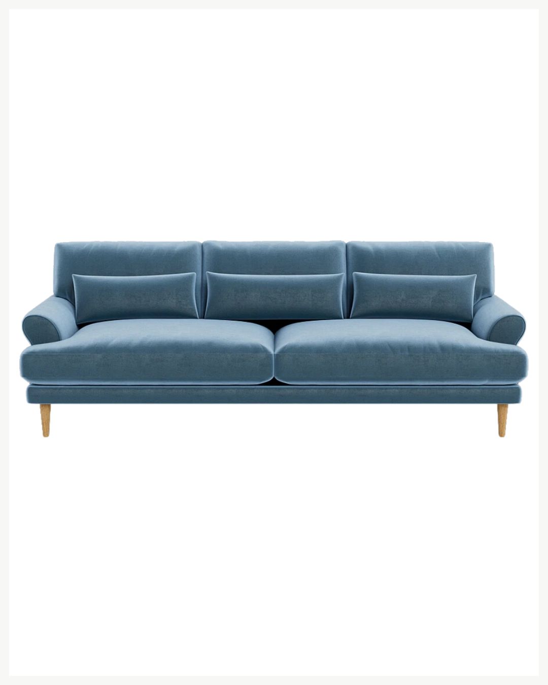 A stylish, modern blue velvet sofa with wooden legs perfect for cozy living room decor. The sofa features curved armrests and includes three back cushions and two cylindrical side cushions for added comfort. The upholstery appears smooth and plush, perfect to warm up your space.