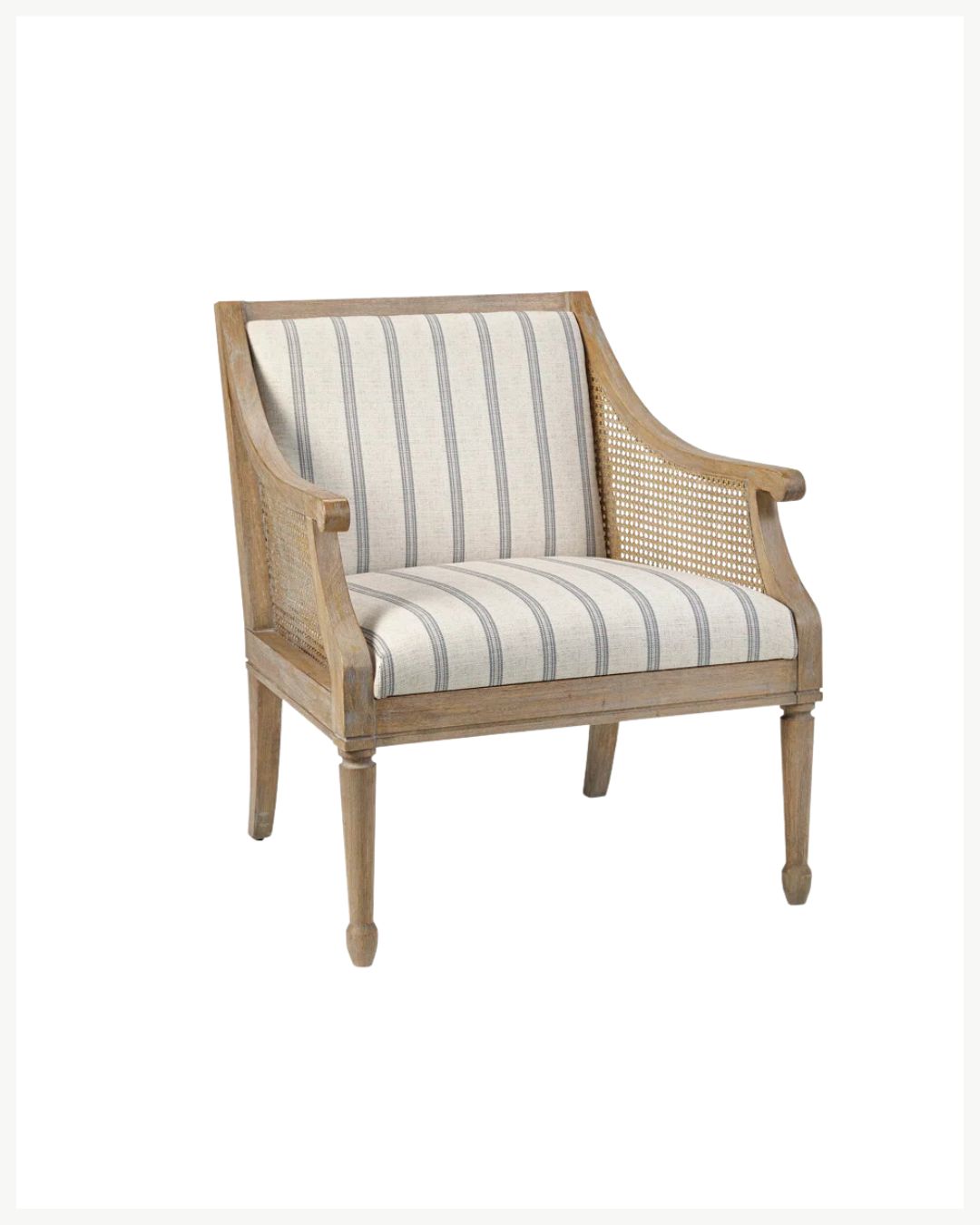 A wooden chair with a cushioned seat and backrest, perfect for cozy living room decor. The light-toned wood features cane accents on the sides, while the cushion is upholstered in a white fabric with vertical blue stripes, adding a classic and elegant look. The chair also boasts turned legs.