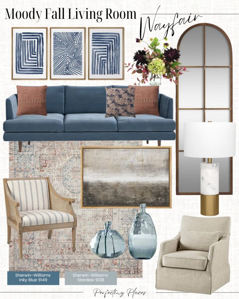 A mood board titled "Moody Fall Living Room" with a cozy living room decor twist, featuring a blue sofa, abstract blue and white wall art, a floral arrangement, an arched mirror, a white lamp, an armchair, a wooden chair with striped cushion, vases, and Sherwin-Williams paint swatches in Inky Blue and Stardew.