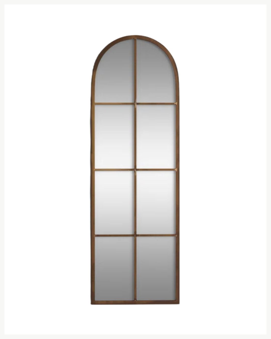 A tall, arched windowpane mirror with eight rectangular sections divided by slim, brown wooden frames. The design mimics a classic arched window, creating a vintage or rustic aesthetic that will warm up your space. Perfect for cozy living room decor against a plain white background.