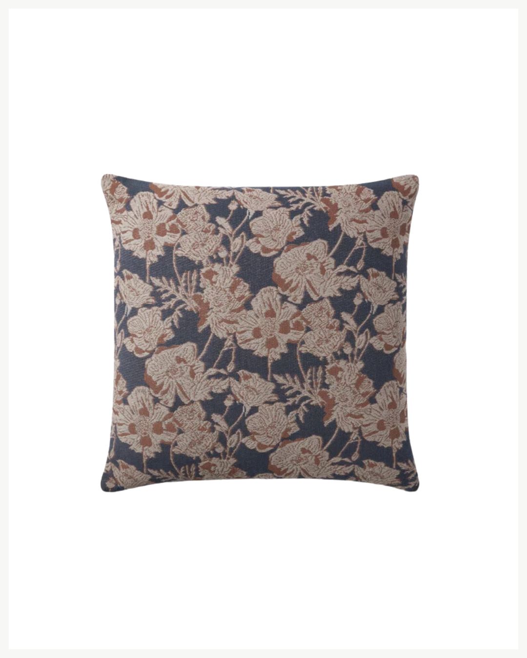 Square decorative pillow with a dark blue background and a floral pattern featuring beige and light brown flowers with green leaves. The intricate design creates an elegant, vintage look, perfect to warm up your space as cozy living room decor.