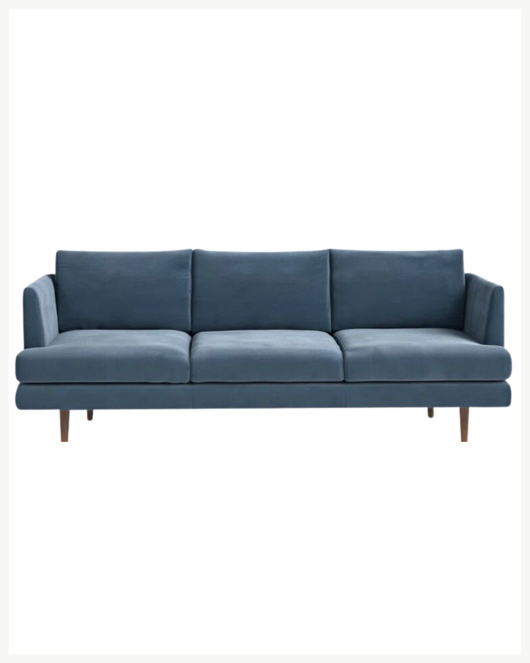 A modern, teal-colored three-seater sofa with clean lines, cushioned backrests, and wooden legs set against a plain white background. The sofa features thin armrests and a streamlined design, perfect for adding cozy living room decor to warm up your space.