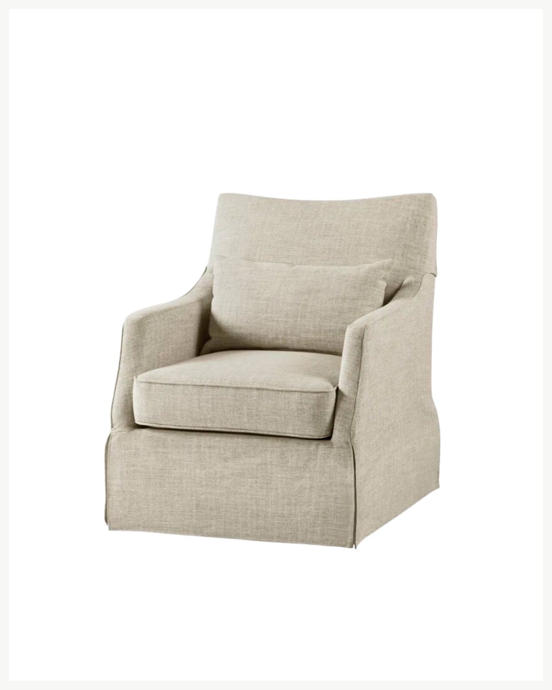 A beige, cushioned armchair with a contemporary design, perfect to cozy up your living room decor. The chair features soft, slightly curved armrests and a matching lumbar support pillow. It has fitted upholstery and a skirted base, blending modern and classic elements seamlessly.